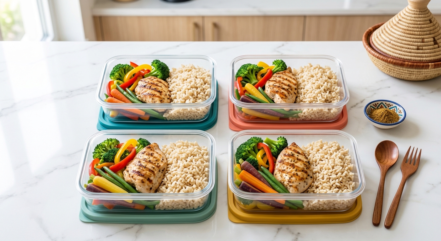 AI image generation prompt: colorful meal prep containers filled with lean protein, brown rice and steamed vegetables on a bright marble kitchen counter, clean minimal food photography